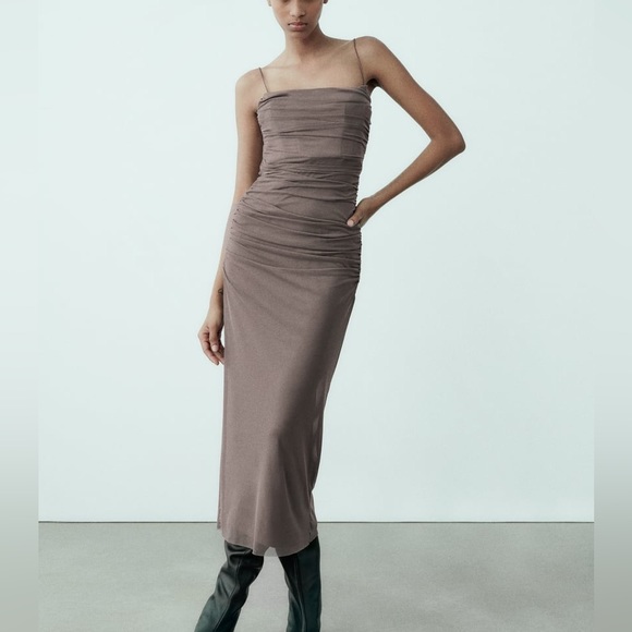Zara NWT Tulle draped midi ruched spaghetti strap corset dress - Picture 2 of 8